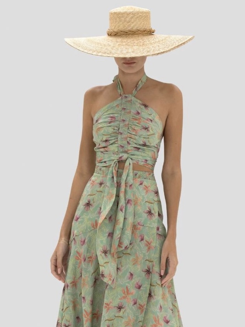 Alexis Reve Wild Orchid Mint Green Floral Ruched Halter Crop Top Size XS